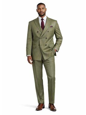 Men's Sharkskin Double Breasted 4x6 Regular-Fit Suit, Adj Waist- DUSTY GREEN